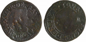 Louis XIII, denier tournois 1er type, 1618 Bordeaux
A/(à 6 h.) LOVIS. XIII. R. DE. FRAN. E[?]. NAV.
Buste juvénile du Roi à droite, lauré, drapé et ...