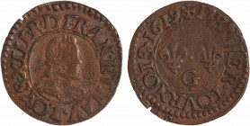 Louis XIII, denier tournois 1er type, 1619 Poitiers
A/(à 6 h.) LOYS. XIII. R. D. FRAN. ET. NAV
Buste enfantin du Roi à droite, lauré et cuirassé, av...