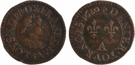 Louis XIII, denier tournois 1er type, 1620 Paris
A/(à 6 h.) LOYS. XIII. R. DE. FRAN. ET. NAV.
Buste enfantin du Roi à droite, lauré et cuirassé, ave...
