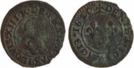 Louis XIII, denier tournois 1er type, 1620 Bordeaux
A/(à 6 h.) LOVIS. XIII. R. DE. FRAN. E. NAV.
Buste juvénile du Roi à droite, lauré, drapé et cui...