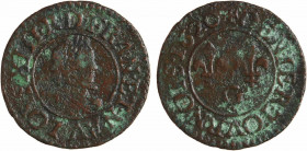Louis XIII, denier tournois 1er type, 1620 Poitiers
A/(à 6 h.) LOYS. XIII. R. D. FRAN. ET. NAV
Buste enfantin du Roi à droite, lauré et cuirassé, av...