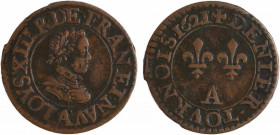 Louis XIII, denier tournois 1er type, 1621/20 Paris
A/(à 6 h.) LOYS. XIII. R. DE. FRAN. ET. NAV.
Buste enfantin du Roi à droite, lauré et cuirassé, ...