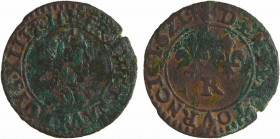 Louis XIII, denier tournois 2e type, 1621 Villeneuve-lès-Avignon
A/(à 6 h.) LOYS. XIII. R. DE. FRAN. ET. NAV.
Buste enfantin du Roi à droite, lauré ...