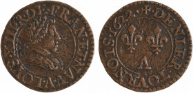 Louis XIII, denier tournois 2e type, 1622 Paris
A/(à 6 h.) LOYS. XIII. R. DE. FRAN. ET. NAV.
Buste juvénile du Roi à droite, lauré, drapé et cuirass...