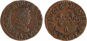 Louis XIII, denier tournois 3e type, 1626 Paris
A/(à 6 h.) LOYS. XIII. R. DE. FRAN. ET. NAV.
Buste juvénile du Roi à droite, lauré, drapé et cuirass...