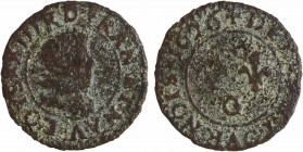 Louis XIII, denier tournois 1er type, 1626 Poitiers
A/(à 6 h.) LOYS * XIII. R. D. FRAN. ET. NAV
Buste enfantin du Roi à droite, lauré et cuirassé, a...