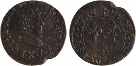 Louis XIII, denier tournois 2e type, 1627 Bordeaux
A/LOVIS. XIII. R. DE. FRAN. ET. NAV (différent)
Buste juvénile du Roi à droite, lauré, drapé et c...