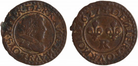 Louis XIII, denier tournois 3e type, 1627 Villeneuve-lès-Avignon
A/(à 6 h.) LOYS. XIII. R. DE. FRAN. ET. NAV.
Buste enfantin du Roi à droite, lauré ...