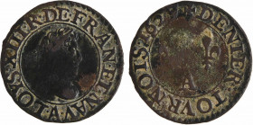 Louis XIII, denier tournois 3e type, 1629/27 Paris
A/(à 6 h.) LOYS. XIII. R. DE. FRAN. ET. NAV.
Buste juvénile du Roi à droite, lauré, drapé et cuir...