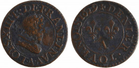 Louis XIII, denier tournois 3e type, 1629 Paris
A/(à 6 h.) LOYS. XIII. R. DE. FRAN. ET. NAV.
Buste juvénile du Roi à droite, lauré, drapé et cuirass...