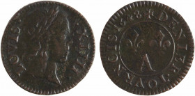 Louis XIV, denier tournois, 1648 Paris
A/LOVIS. - .XIIII.
Tête enfantine laurée du Roi à droite
R/+ DENIER. TOVRNOIS. (date)
Deux lis et différent...