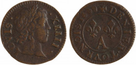 Louis XIV, denier tournois, 1649/8 Paris
A/LOVIS. - .XIIII.
Tête enfantine laurée du Roi à droite
R/+ DENIER. TOVRNOIS. (date)
Deux lis et différe...