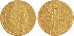 Louis XIV, louis d'or à la mèche longue, 1653 Paris
A/LVD. XIIII. D. G (différent) - FR. ET. NAV. REX
Tête enfantine du Roi à droite, laurée, avec u...