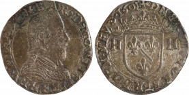 Dombes (principauté de), Henri II, teston, 1605 Trévoux
A/+ HENRIC. P. DOMBAR. D. MONTISP. R
Buste cuirassé à droite du Prince
R/+ DNS. ADIVTOR. ET...