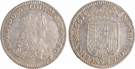 Lorraine (duché de), Charles IV, demi-teston, 1663 Nancy
A/CAROLVS. D. G. DVX. LOTH. MARCH. D. C. B. G
Buste cuirassé à droite de Charles IV
R/MONE...