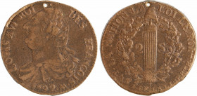 Constitution, 2 sols FRANÇOIS, An 4, 1792 Metz, variété frappe médaille
A/LOUIS XVI ROI - DES FRANÇOIS
Buste drapé du Roi à gauche, la tête nue, les...