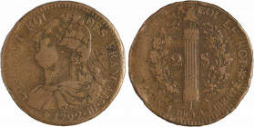 Constitution, 2 sols FRANÇAIS, An 4, 1792 Strasbourg
A/LOUIS XVI ROI - DES FRANÇAIS
Buste drapé du Roi à gauche, la tête nue, les cheveux noués par ...