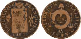Convention, sol aux balances, 1793 Metz
A/REPUBLIQUE - FRANÇOISE.// L'AN II.
Table de la Loi accostée d'une grappe de raisin et d'une gerbe de blé
...