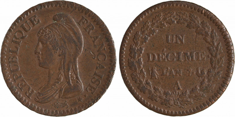 Directoire, un décime Dupré, An 7/5 Paris
A/REPUBLIQUE - FRANÇAISE.*
Buste de ...