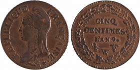 Directoire, cinq centimes Dupré, An 7/5 Lille
A/REPUBLIQUE - FRANÇAISE
Buste à gauche de Marianne, coiffée du bonnet phrygien, au-dessous signature ...