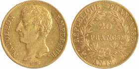 Premier Empire, 20 francs buste intermédiaire, An 12 Paris
A/NAPOLEON - EMPEREUR.
Tête nue à gauche, au-dessous signature Tiolier
R/REPUBLIQUE FRAN...