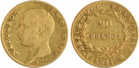 Premier Empire, 20 francs calendrier révolutionnaire, An 14 Lille
A/NAPOLEON - EMPEREUR.
Tête nue à gauche, au-dessous signature Tiolier
R/REPUBLIQ...