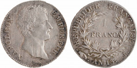 Premier Empire, 1 franc calendrier révolutionnaire, An 13 Limoges
A/NAPOLEON - EMPEREUR.
Buste à droite de l'Empereur, au-dessous signature Tiolier...