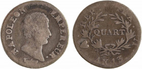 Premier Empire, quart de franc, An 13 Turin
A/NAPOLEON - EMPEREUR
Buste à droite de l'Empereur, au-dessous signature Tiolier
R/.REP. - .FRA.// .(di...