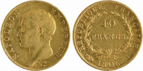 Premier Empire, 40 francs tête nue, calendrier grégorien, 1806 Limoges
A/NAPOLEON - EMPEREUR
Tête nue à gauche, au-dessous signature de Tiolier
R/R...