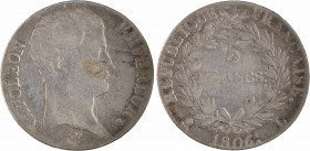 Premier Empire, 5 francs tête nue, calendrier grégorien, 1806 Bayonne
A/NAPOLEON - EMPEREUR.
Tête nue à droite, au-dessous signature Tiolier
R/RÉPU...