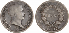 Premier Empire, quart de franc tête de nègre, 1807 Paris
A/NAPOLEON - EMPEREUR.
Tête nue à droite, au-dessous signature Tiolier
R/REP. - FRA.// (di...