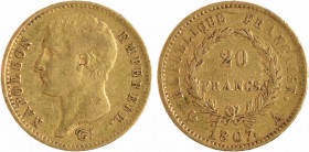 Premier Empire, 20 francs type transitoire, 1807 Paris
A/NAPOLEON - EMPEREUR
Tête nue à gauche, au-dessous signature de Tiolier
R/REPUBLIQUE FRANCA...