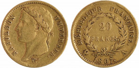 Premier Empire, 20 francs République, 1807 Paris
A/NAPOLEON - EMPEREUR.
Tête laurée à gauche, au-dessous signature Tiolier
R/RÉPUBLIQUE FRANÇAISE./...