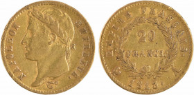Premier Empire, 20 francs Empire, 1813 Paris
A/NAPOLEON - EMPEREUR.
Tête laurée à gauche, au-dessous signature Tiolier
R/EMPIRE FRANÇAIS// (différe...