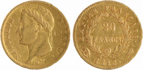Premier Empire, 20 Francs Empire, 1813 Rome, variété PROTEG
A/NAPOLEON - EMPEREUR.
Tête laurée à gauche, au-dessous signature Tiolier
R/EMPIRE FRAN...