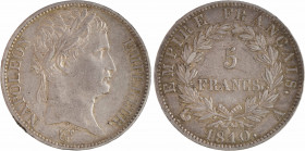 Premier Empire, 5 francs Empire, 1810 Paris
A/NAPOLEON - EMPEREUR.
Tête laurée à droite, au-dessous signature Tiolier
R/EMPIRE FRANÇAIS.// (différe...