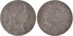 Premier Empire, 5 francs Empire, 1812 Rome
A/NAPOLEON - EMPEREUR.
Tête laurée à droite, au-dessous signature Tiolier
R/EMPIRE FRANÇAIS.// (différen...
