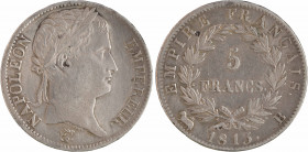Premier Empire, 5 francs Empire, 1813 Rouen
A/NAPOLEON - EMPEREUR.
Tête laurée à droite, au-dessous signature Tiolier
R/EMPIRE FRANÇAIS.// (différe...