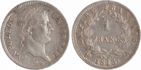 Premier Empire, 1 franc Empire, 1813 Paris
A/NAPOLEON - EMPEREUR.
Tête laurée à droite, au-dessous signature Tiolier
R/EMPIRE FRANÇAIS.// (différen...