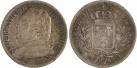 Louis XVIII, 5 francs buste habillé, 1815 Bayonne
A/LOUIS XVIII ROI - DE FRANCE.
Buste habillé à gauche de Louis XVIII, signature Tiolier sur la tra...
