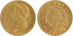 Cent-Jours, 20 francs Empire, 1815 Paris
A/NAPOLEON - EMPEREUR.
Tête laurée à gauche, au-dessous signature Tiolier
R/EMPIRE FRANÇAIS// (Mm) (date)....