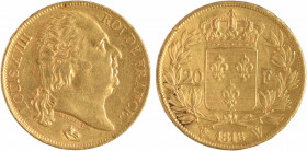 Louis XVIII, 20 francs buste nu, 1818 Lille
A/LOUIS XVIII - ROI DE FRANCE.
Tête nue à droite, au-dessous MICHAUT F. et (différent)
R/(différent) (d...