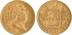 Louis XVIII, 20 francs buste nu, 1824 Paris
A/LOUIS XVIII - ROI DE FRANCE.
Tête nue à droite, au-dessous MICHAUT F. et (différent)
R/(différent) (d...