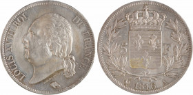 Louis XVIII, 5 francs buste nu, 1816 Paris
A/LOUIS XVIII ROI - DE FRANCE.
Tête nue à gauche, au-dessous MICHAUT F. et (différent)
R/(différent) (da...