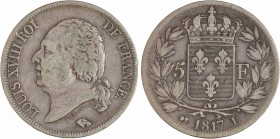 Louis XVIII, 5 francs buste nu, 1817 Bayonne
A/LOUIS XVIII ROI - DE FRANCE.
Tête nue à gauche, au-dessous MICHAUT F. et (différent)
R/(différent) (...