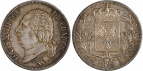 Louis XVIII, 5 francs buste nu, 1824 Paris
A/LOUIS XVIII ROI - DE FRANCE.
Tête nue à gauche, au-dessous MICHAUT F. et (différent)
R/(différent) (da...