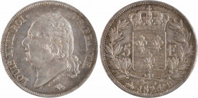 Louis XVIII, 5 francs buste nu, 1824 Rouen
A/LOUIS XVIII ROI - DE FRANCE.
Tête nue à gauche, au-dessous MICHAUT F. et (différent)
R/(différent) (da...