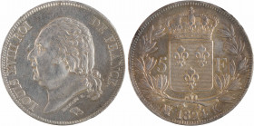 Louis XVIII, 5 francs buste nu, 1824 Bordeaux
A/LOUIS XVIII ROI - DE FRANCE.
Tête nue à gauche, au-dessous MICHAUT F. et (différent)
R/(différent) ...