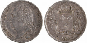 Louis XVIII, 1 franc, 1824 Lille
A/LOUIS XVIII ROI - DE FRANCE.
Tête nue à gauche, au-dessous MICHAUT F. et (différent)
R/(différent) (date) (ateli...