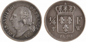 Louis XVIII, 1/4 de franc, 1820 Lille
A/LOUIS XVIII ROI - DE FRANCE.
Tête nue à gauche, au-dessous T.
R/(différent) (date) (atelier)
Écu de France...